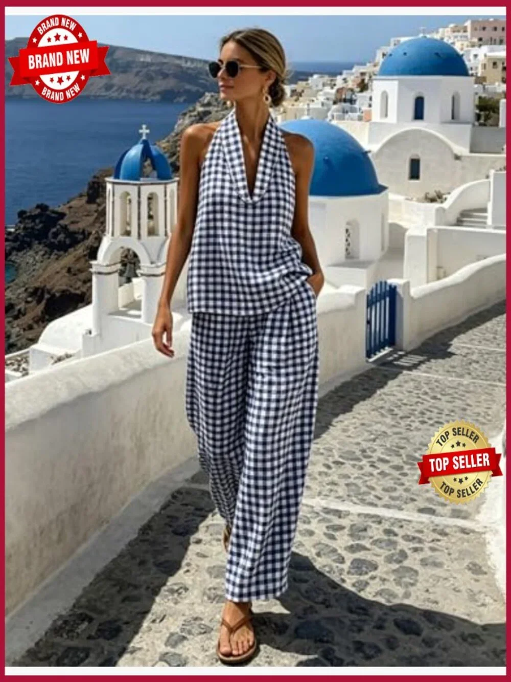 2 Piece Tank Top Wide Leg Pants Set Lounge Set Matching Sets with Pockets Plaid